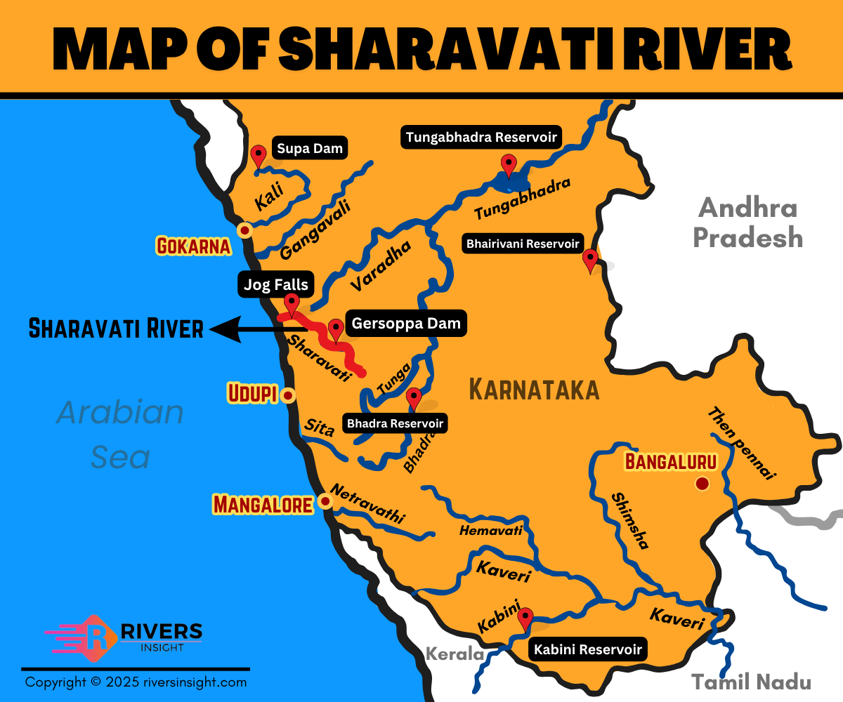 Map of Sharavati River in Karnataka - Jog Falls, Bridge